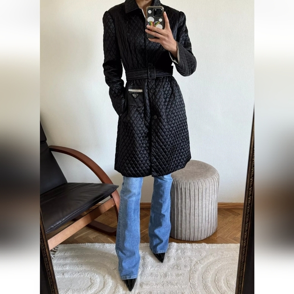 PRADA Black Diamond Quilted Trench Coat with triangle logo AUTHENTIC - Picture 6 of 17